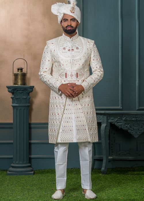 Cream Embroidered Men Sherwani