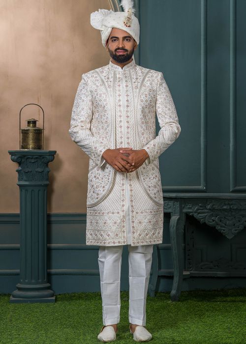 Off-White Men Embroidered Sherwani In Silk