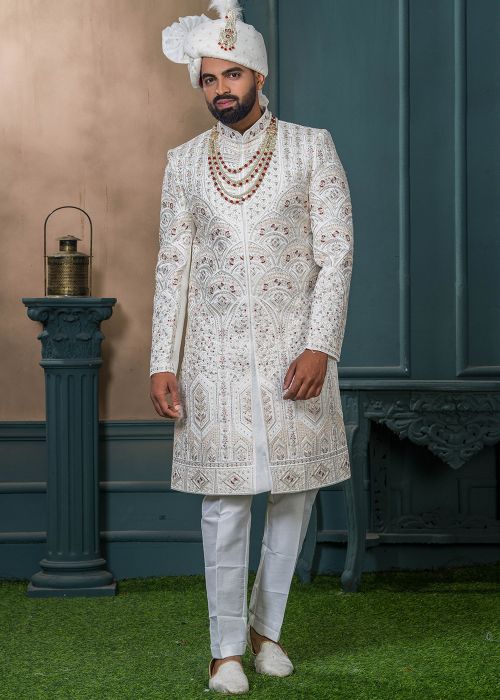 Off-White Embroidered Men Sherwani In Silk