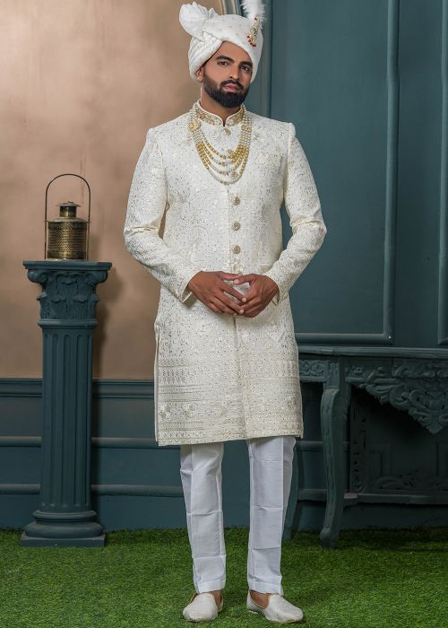 Off-White Embroidered Men Sherwani In Silk
