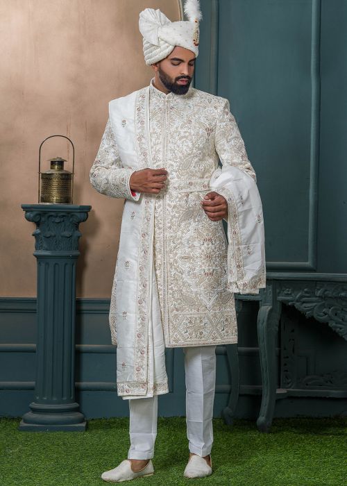 Off-White Embroidered Men Sherwani In Silk