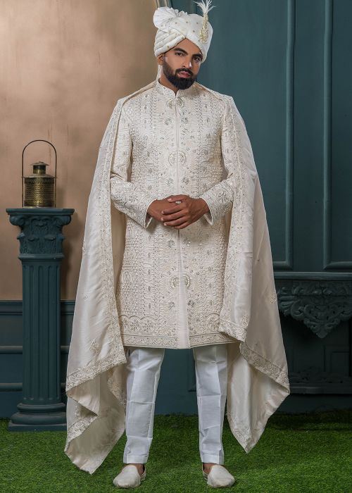 Cream Embroidered Men Sherwani