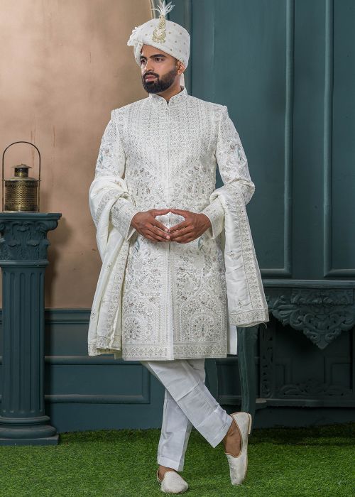 Off-White Silk Embroidered Sherwani