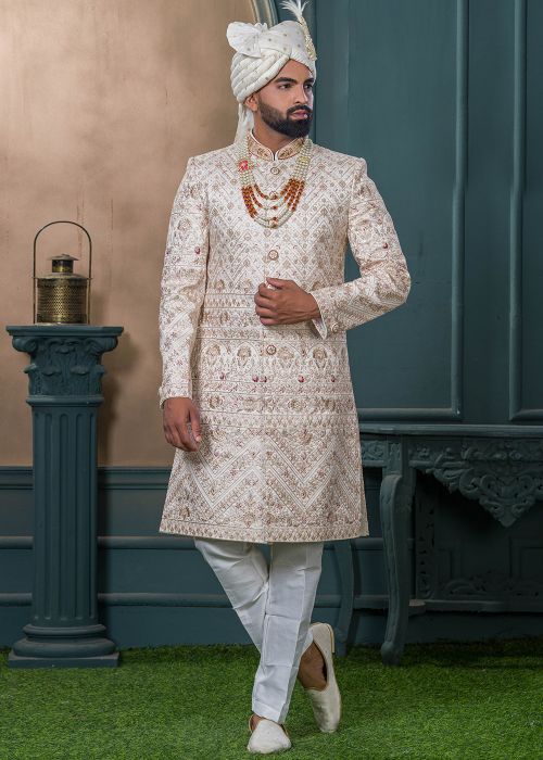 Cream Embroidered Men Sherwani