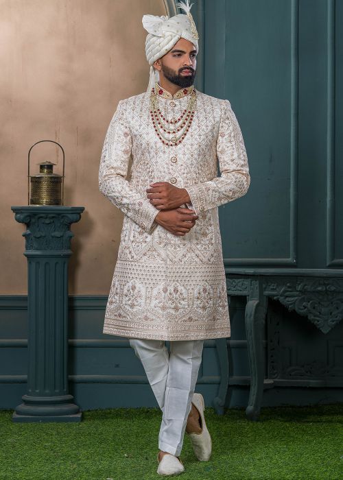 Cream Men Embroidered Sherwani In Silk