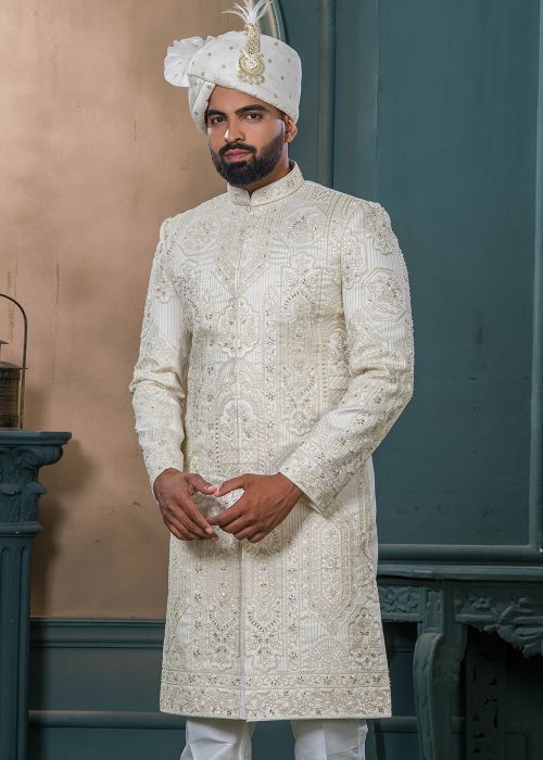 Cream Men Embroidered Sherwani In Silk