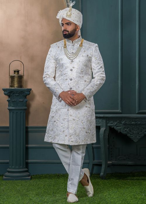 Off-White Embroidered Silk Sherwani