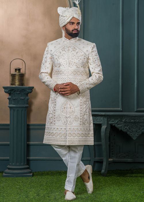 Cream Embroidered Men Sherwani