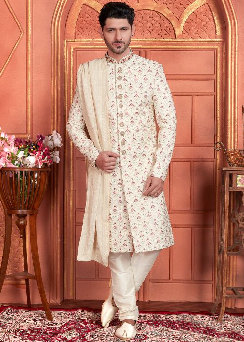 Cream Embroidered Men Sherwani Set