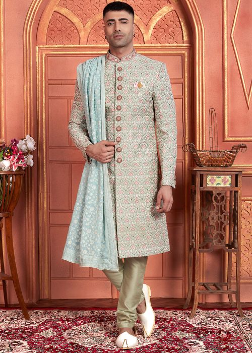 Green Hand Work Embroidered Sherwani With Stole