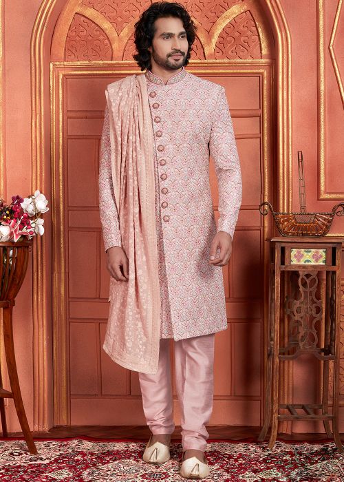 Pink Embroidered Sherwani Set In Art Silk