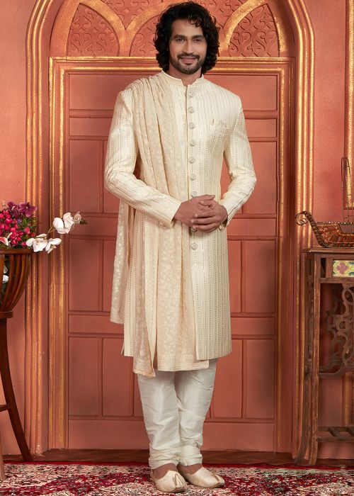 Cream Embroidered Men Sherwani Set