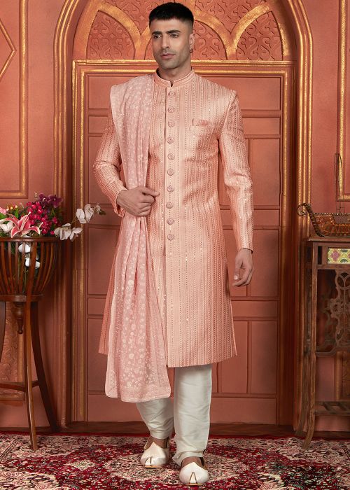 Peach Embroidered Sherwani Set In Art Silk