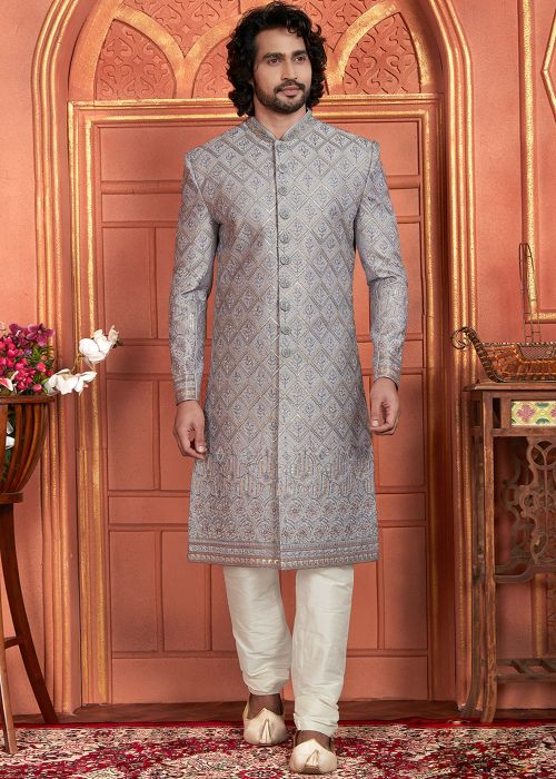 Grey Handwork Embroidered Men Sherwani Set