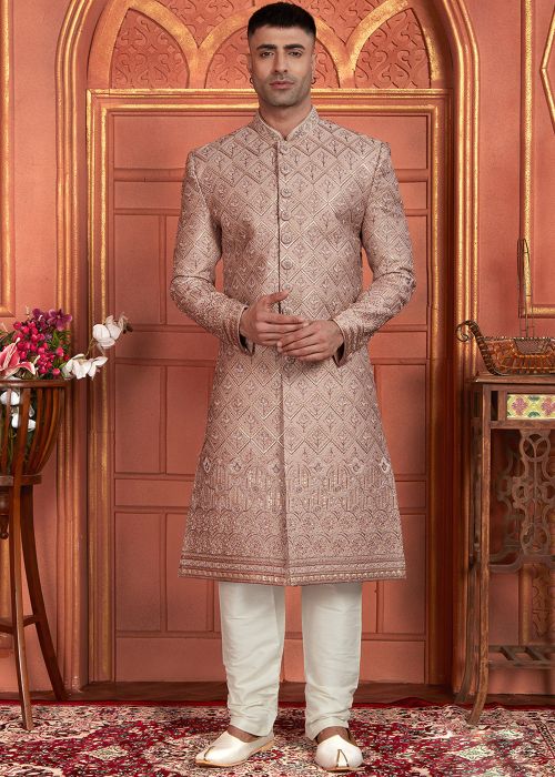 Mauve Pink Embroidered Men Sherwani Set