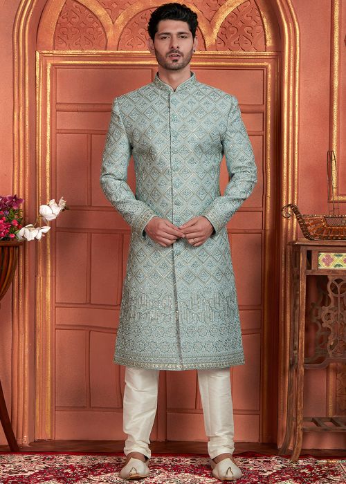 Readymade Blue Embroidered Men Sherwani Set