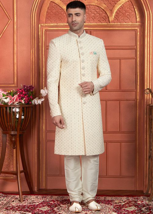 Cream Thread Work Georgette Sherwani Set