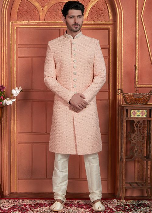 Pink Thread Work Georgette Sherwani Set