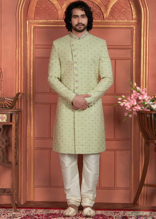 Green Thread Work Georgette Sherwani Set