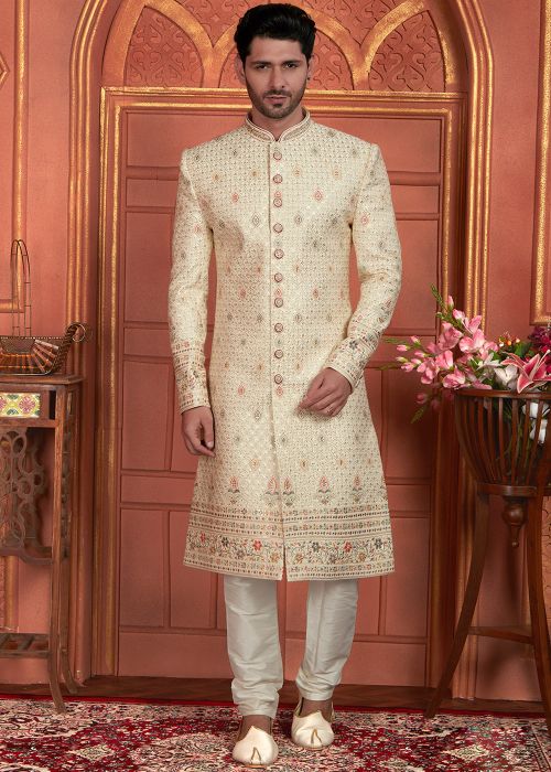 Cream Embroidered Sherwani Set In Art Silk