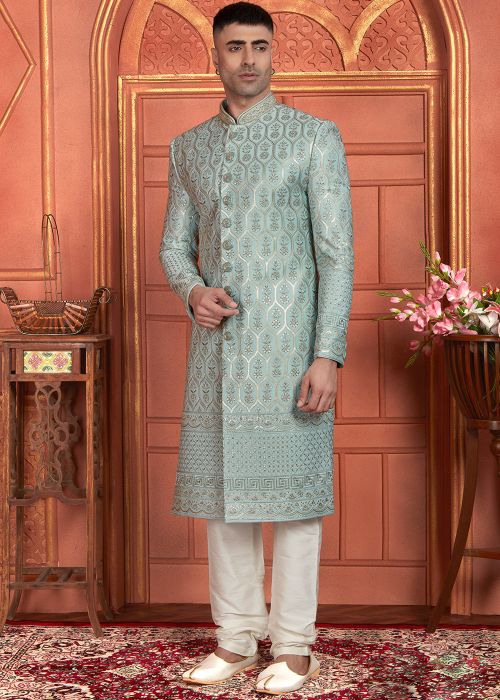 Grey Handwork Embroidered Sherwani Set In Art Silk