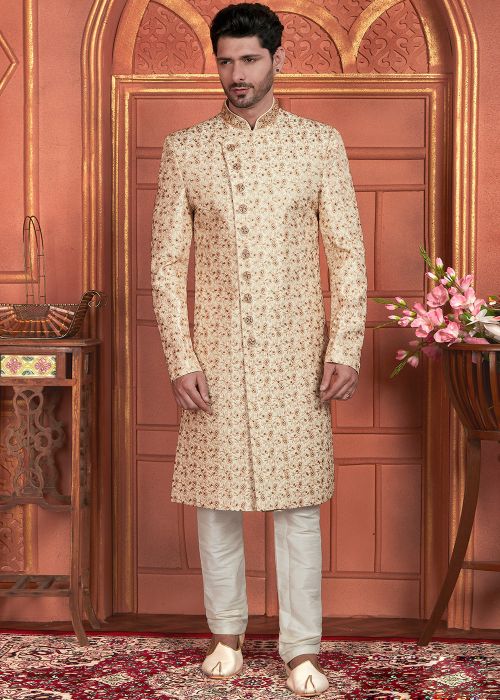 Beige Handwork Embroidered Sherwani Set In Art Silk