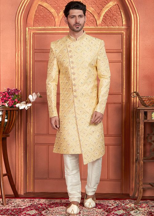 Yellow Embroidered Asymmetric Sherwani Set