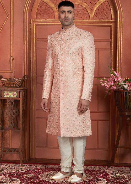 Peach Embroidered Sherwani Set In Art Silk
