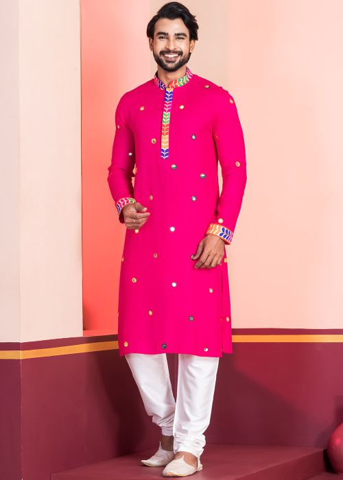 Pink Foil Mirror Work Men Kurta Pajama