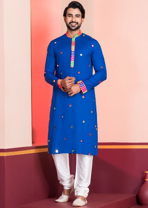 Blue Foil Mirror Work Men Kurta Pajama