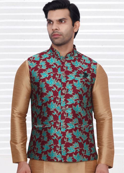 Maroon Floral Print Men Nehru Jacket In Brocade