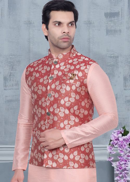 Red Men Nehru Jacket In Woven Work
