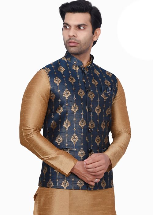 Blue Woven Men Nehru Jacket In Jacquard