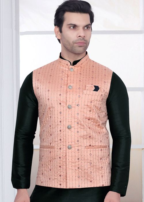 Peach Embroidered Silk Men Nehru Jacket