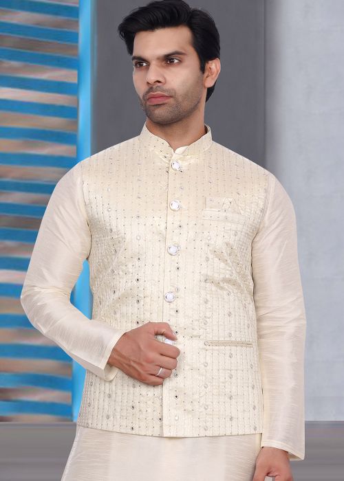Off-White Embroidered Silk Men Nehru Jacket
