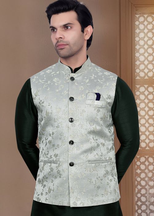 Grey Woven Men Nehru Jacket In Jacquard