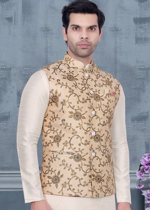 Golden Embroidered Men Nehru Jacket