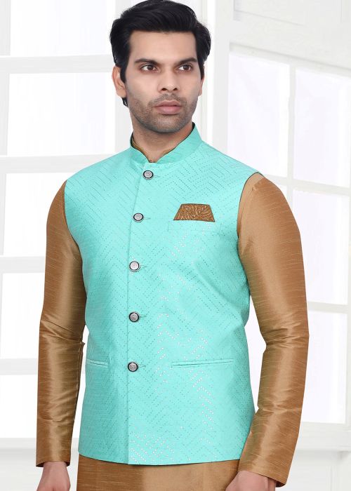 Turquoise Mirror Work Nehru Jacket In Silk