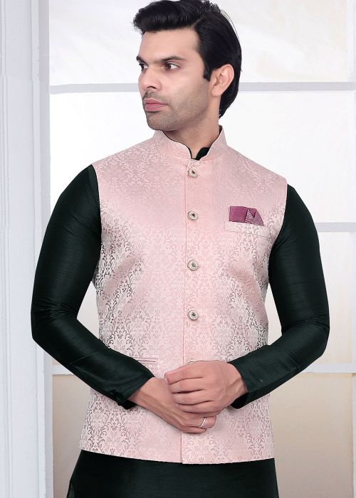 Pink Woven Jacquard Men Nehru Jacket