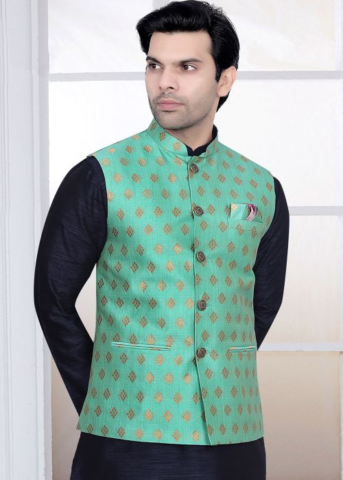 Green Men Woven Nehru Jacket In Jacquard