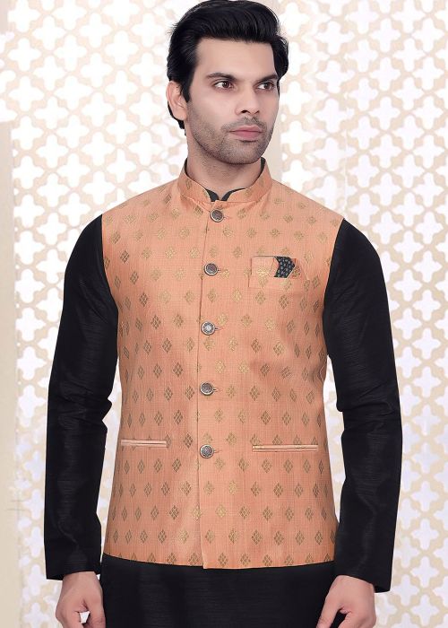 Peach Woven Men Nehru Jacket In Jacquard
