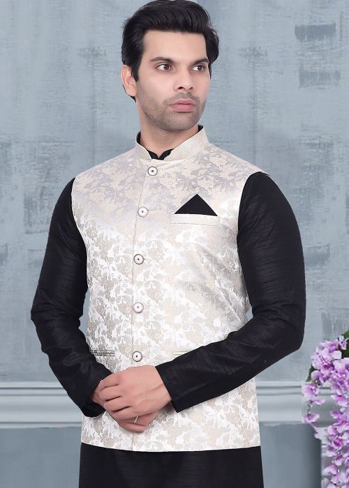 Off-White Woven Men Nehru Jacket In Brocade