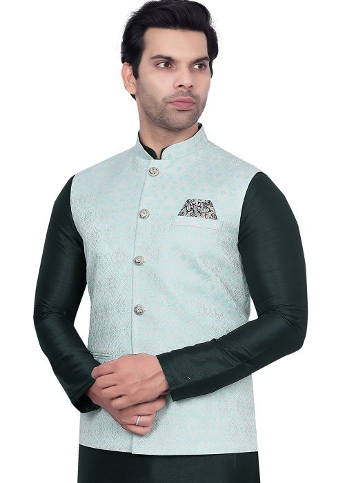 Blue Woven Men Nehru Jacket In Jacquard