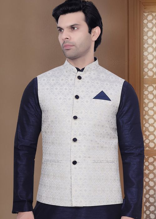 Cream Woven Nehru Jacket In Jacquard
