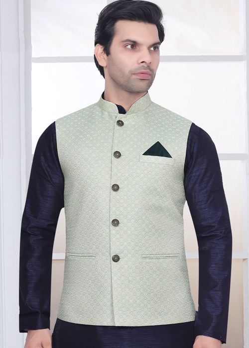 Green Woven Men Nehru Jacket In Brocade