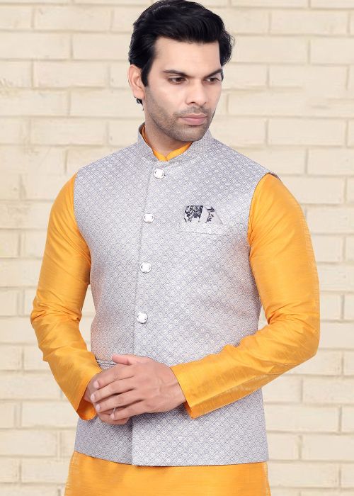 Grey Woven Men Nehru Jacket In Jacquard