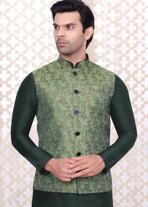Green Woven Men Nehru Jacket In Jacquard