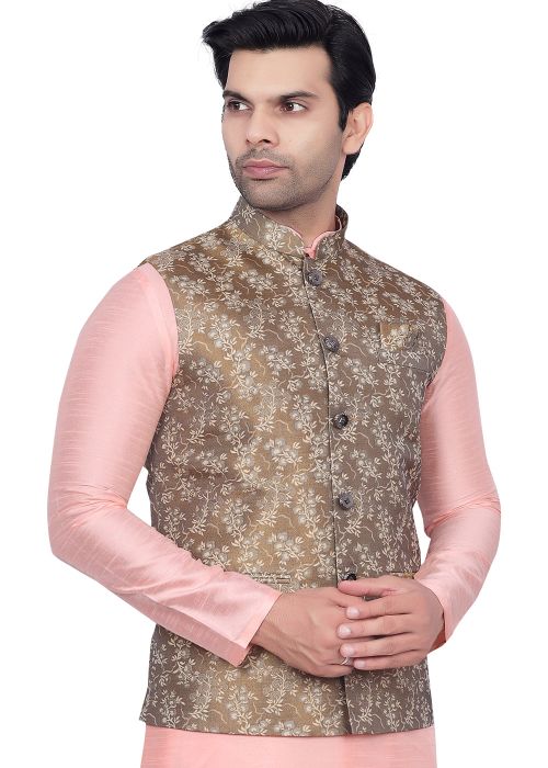 Brown Men Woven Nehru Jacket