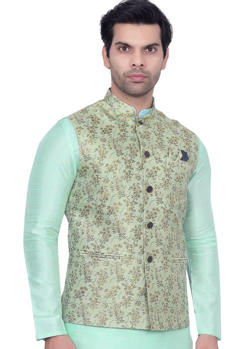Green Floral Woven Men Nehru Jacket