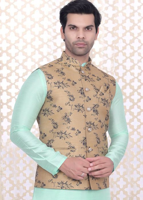 Brown Floral Print Men Nehru Jacket